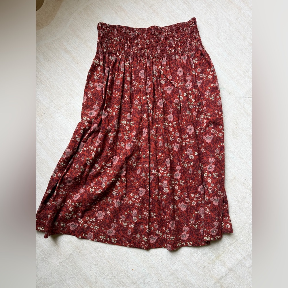 THE GREAT. Floral Burgundy Midi Skirt